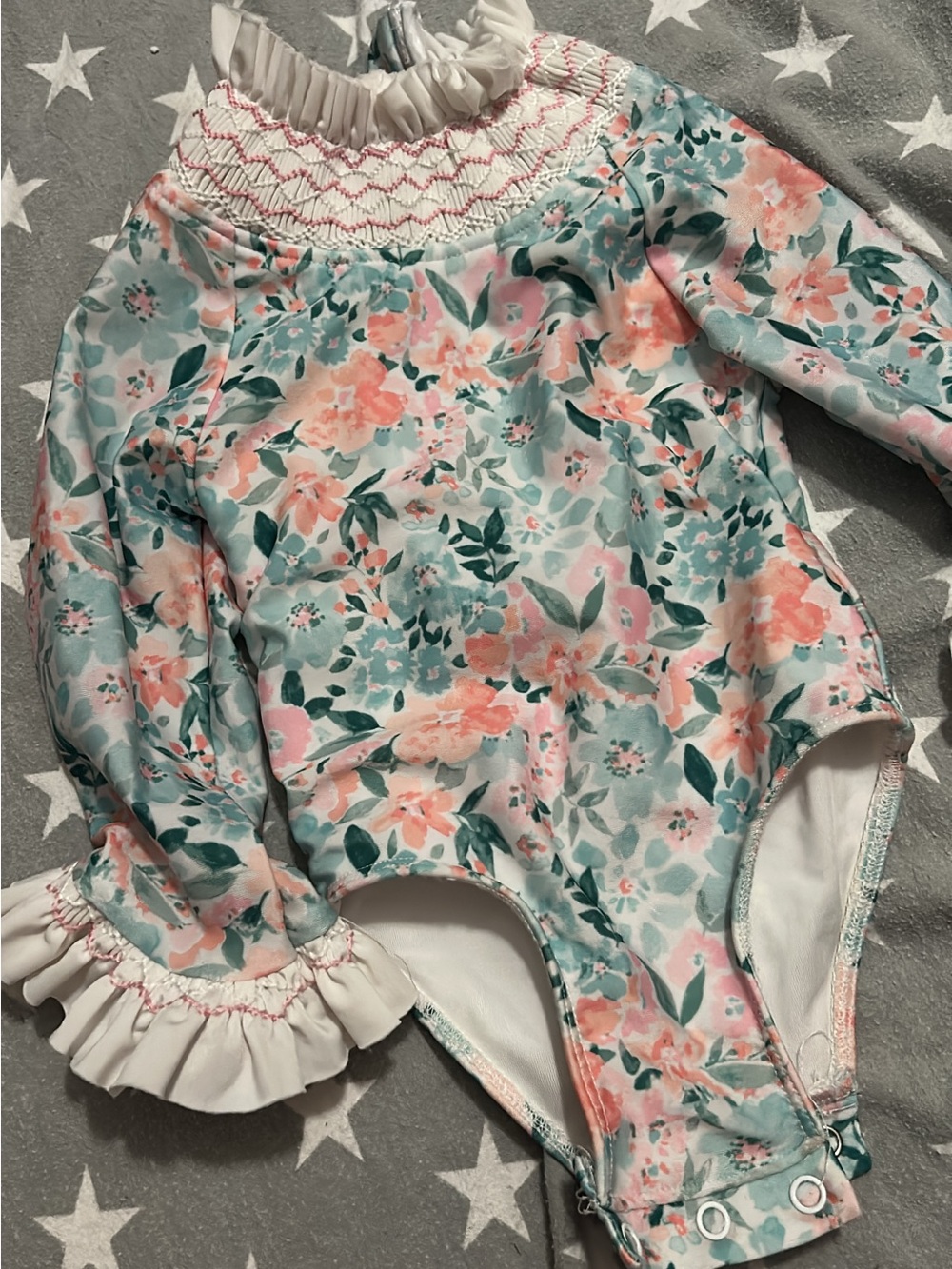 Girls' Floral Long-Sleeve One-Piece Swimsuit - Pink & Mint